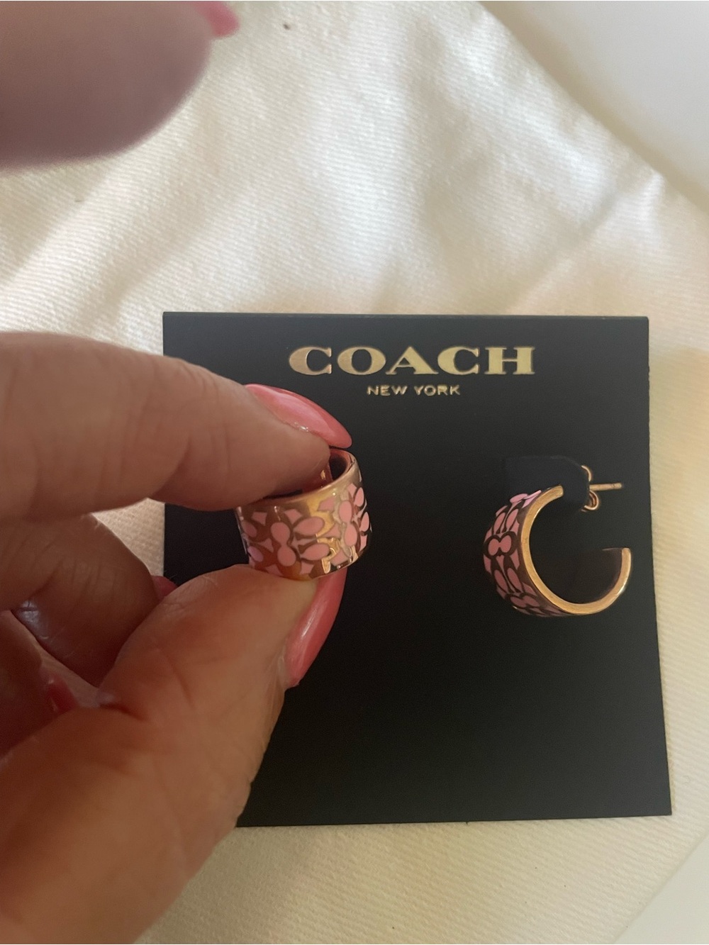 Coach Pink Enamel Signature Hoop Earrings with Gold-Tone Trim - Picture 3 of 3